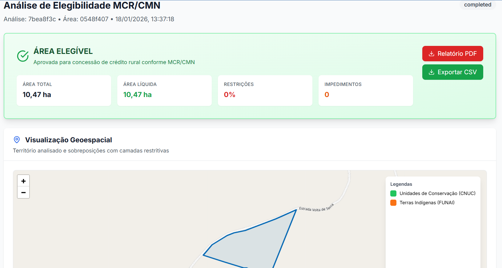 Sistema AgroVeritas mostrando análise geoespacial completa de propriedade rural elegível para crédito - validação CAR, cruzamento com CNUC, FUNAI, PRODES e MapBiomas com resultado aprovado