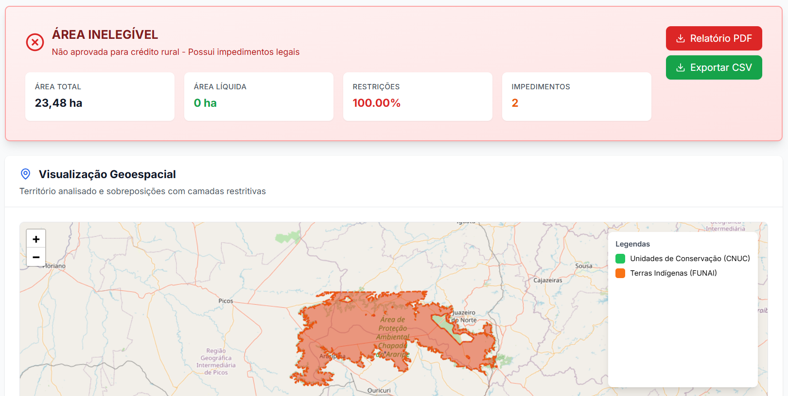 Plataforma AgroVeritas detectando automaticamente restrições ambientais em propriedade rural - alertas de sobreposição com áreas protegidas, percentuais precisos e mapas detalhados para análise de risco