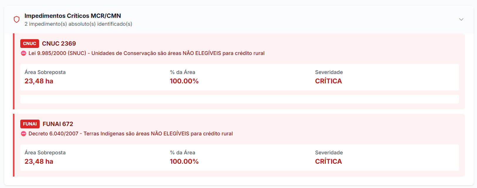 Mapas georreferenciados interativos do AgroVeritas com visualização PostGIS de 15+ camadas oficiais sobrepostas - CNUC, FUNAI, PRODES, MapBiomas, IBAMA - todas evidências com timestamp e 100% auditável